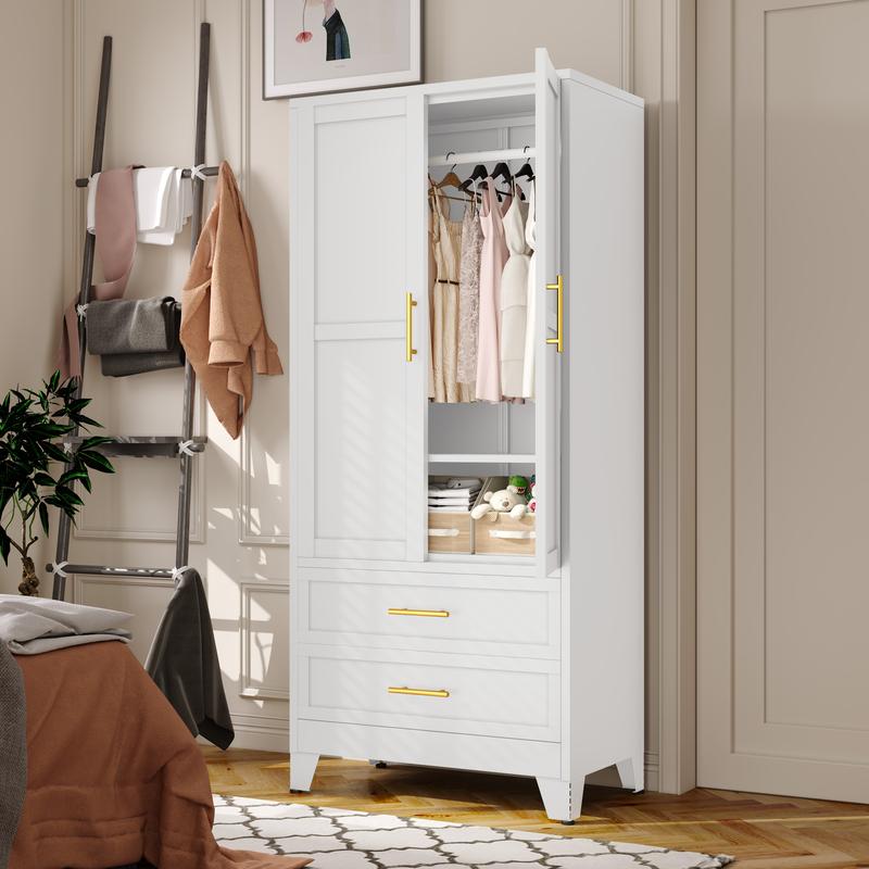 Armario metálico de 2 puertas y 2 cajones — Ropero de 71 pulgadas de altura con barras para colgar y estante ajustable — Gabinete de almacenamiento de acero para dormitorio — Gran regalo para el Día de la Madre