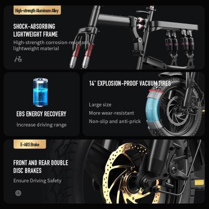 Bicicleta eléctrica plegable con motor de 500 W, neumáticos de 14 pulgadas y batería de 48 V y 15 Ah. Autonomía de 30 millas. Bicicleta urbana inteligente con absorción de impactos certificada. Potencia máxima de 1000 W y autonomía de 100 km. Diseño plega