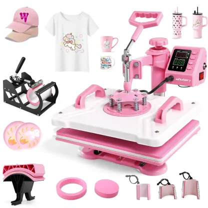 Máquina de prensado térmico rosa de 15'' x 12'' para camisetas, máquina de transferencia térmica 5 en 1, prensa de impresión térmica para sublimación combinada con giro de 360° para gorras, tazas y platos, ideal para principiantes, diseño de regalos navid
