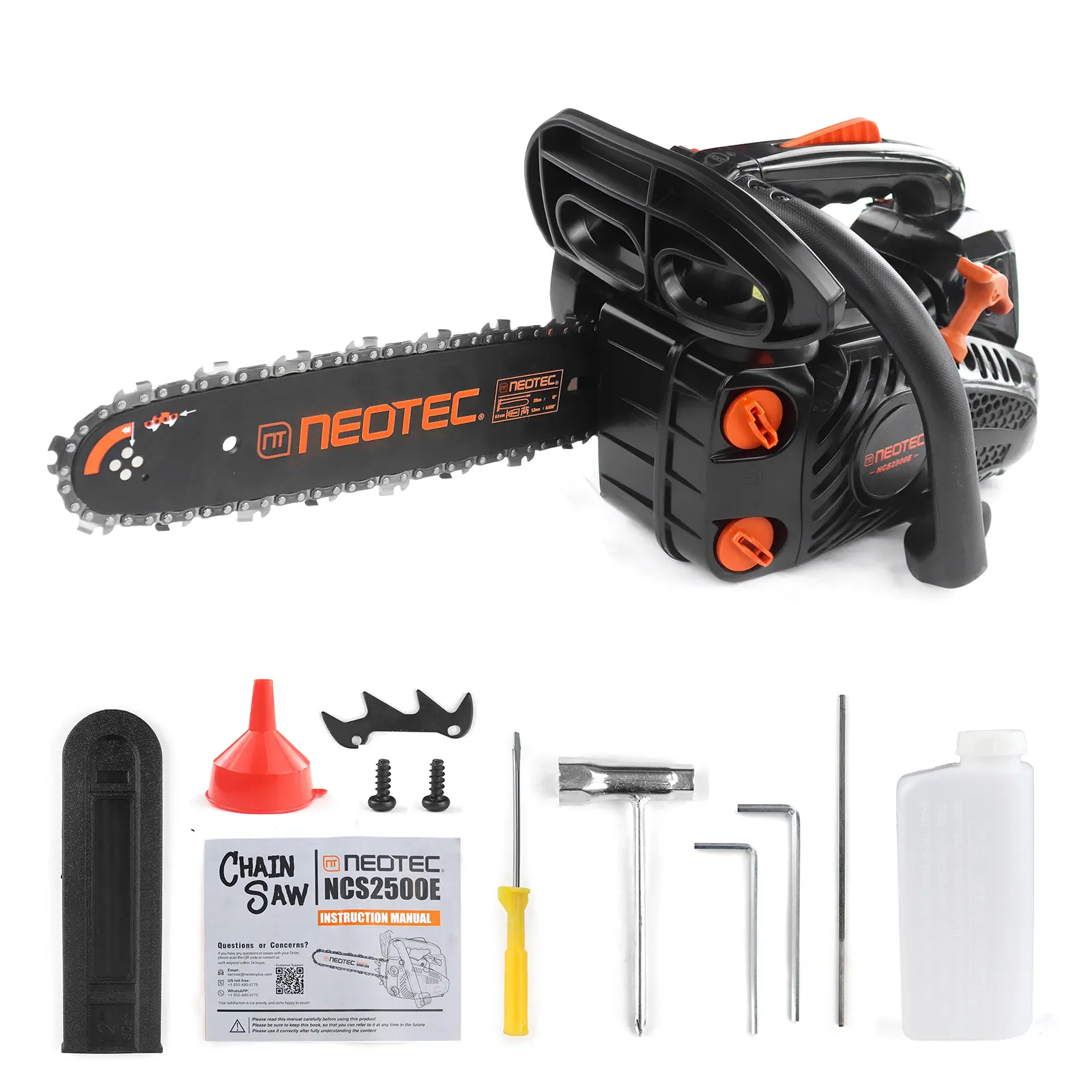 Motosierra de gasolina NEOTEC NCS2500E de 25,4 cc y 12 pulgadas con mango superior, motor de 2 tiempos, ligera, portátil, de fácil arranque, de bajo consumo para cortar árboles y podar madera, ideal para mujeres y personas mayores.