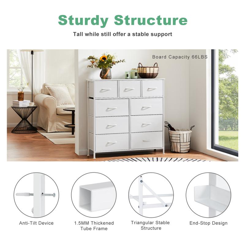 【Nuevo color】Torre de almacenamiento de tela con 9 cajones, organizador de cómoda para dormitorio, cajonera con cestas de tela, estructura de acero y superficie de madera.