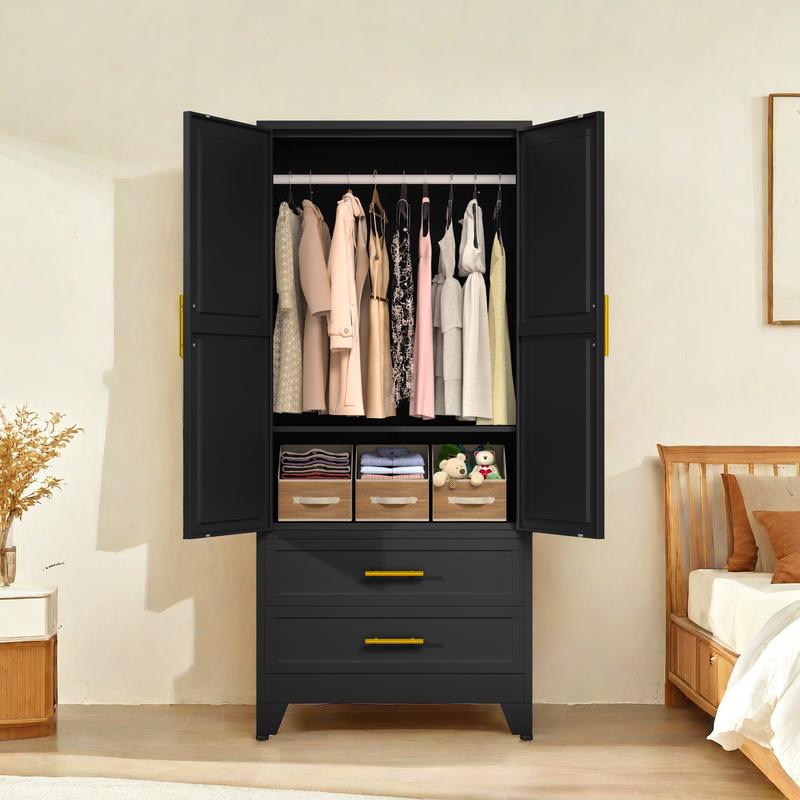 Armario metálico de 2 puertas y 2 cajones — Ropero de 71 pulgadas de altura con barras para colgar y estante ajustable — Gabinete de almacenamiento de acero para dormitorio — Gran regalo para el Día de la Madre
