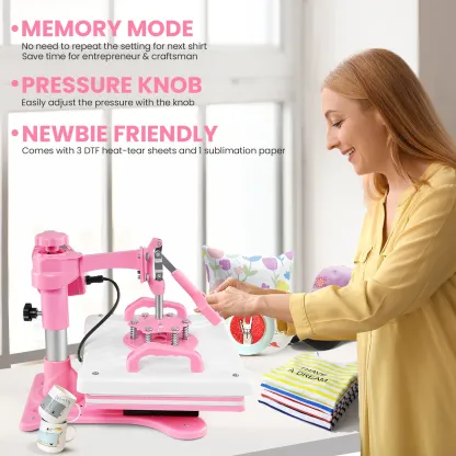 Máquina de prensado térmico rosa de 15'' x 12'' para camisetas, máquina de transferencia térmica 5 en 1, prensa de impresión térmica para sublimación combinada con giro de 360° para gorras, tazas y platos, ideal para principiantes, diseño de regalos navid
