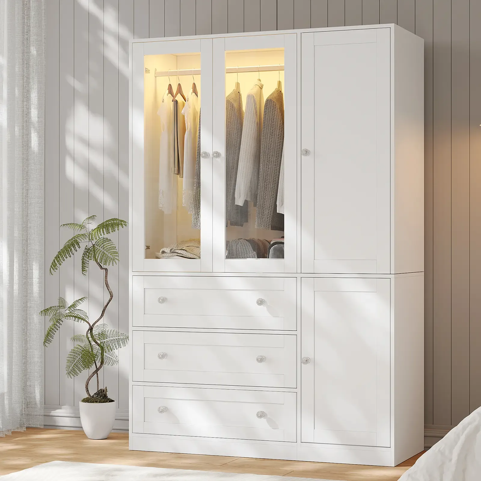 VOWNER — Armario de madera de 3 puertas con barra para colgar ropa — Mueble organizador alto e independiente de gran capacidad para dormitorio, con estantes