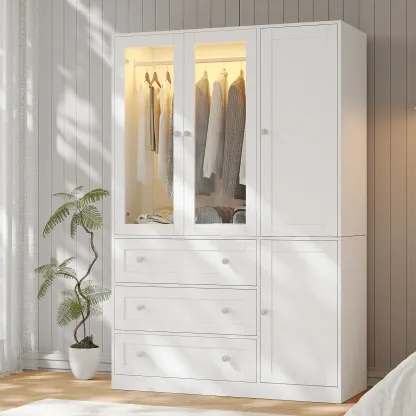 VOWNER — Armario de madera de 3 puertas con barra para colgar ropa — Mueble organizador alto e independiente de gran capacidad para dormitorio, con estantes