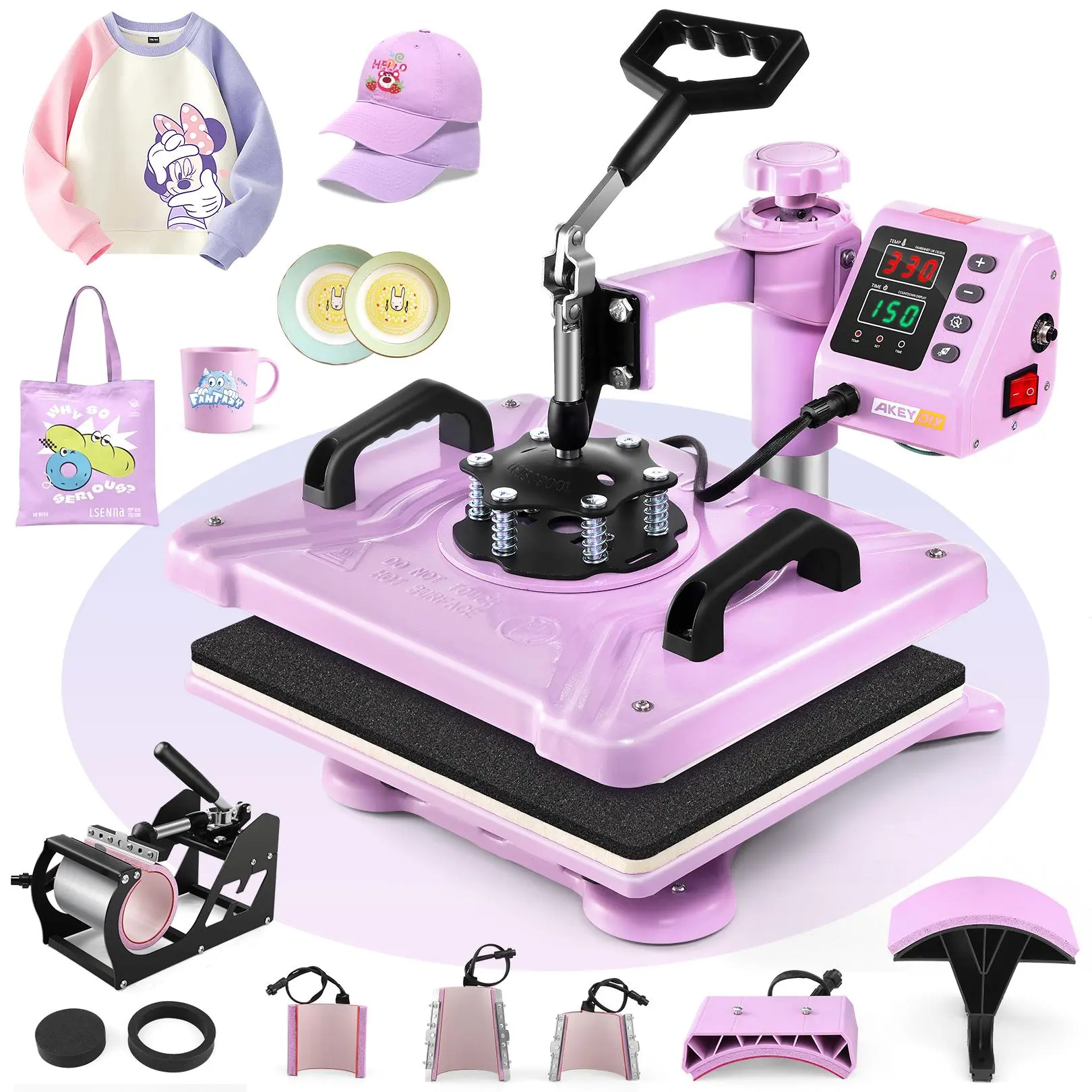 Máquina de prensado térmico rosa de 15'' x 12'' para camisetas, máquina de transferencia térmica 5 en 1, prensa de impresión térmica para sublimación combinada con giro de 360° para gorras, tazas y platos, ideal para principiantes, diseño de regalos navid