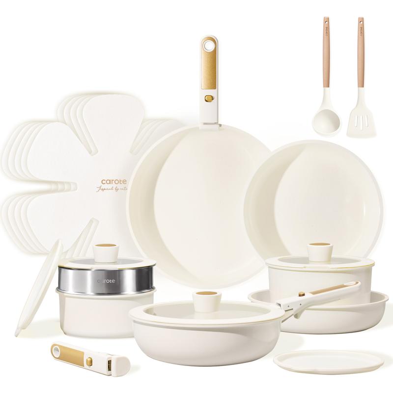 Juego de utensilios de cocina antiadherentes CAROTE de 21 piezas con asas desmontables, apto para inducción, apto para lavavajillas, ideal para autocaravanas, en elegantes tonos dorado y morado.