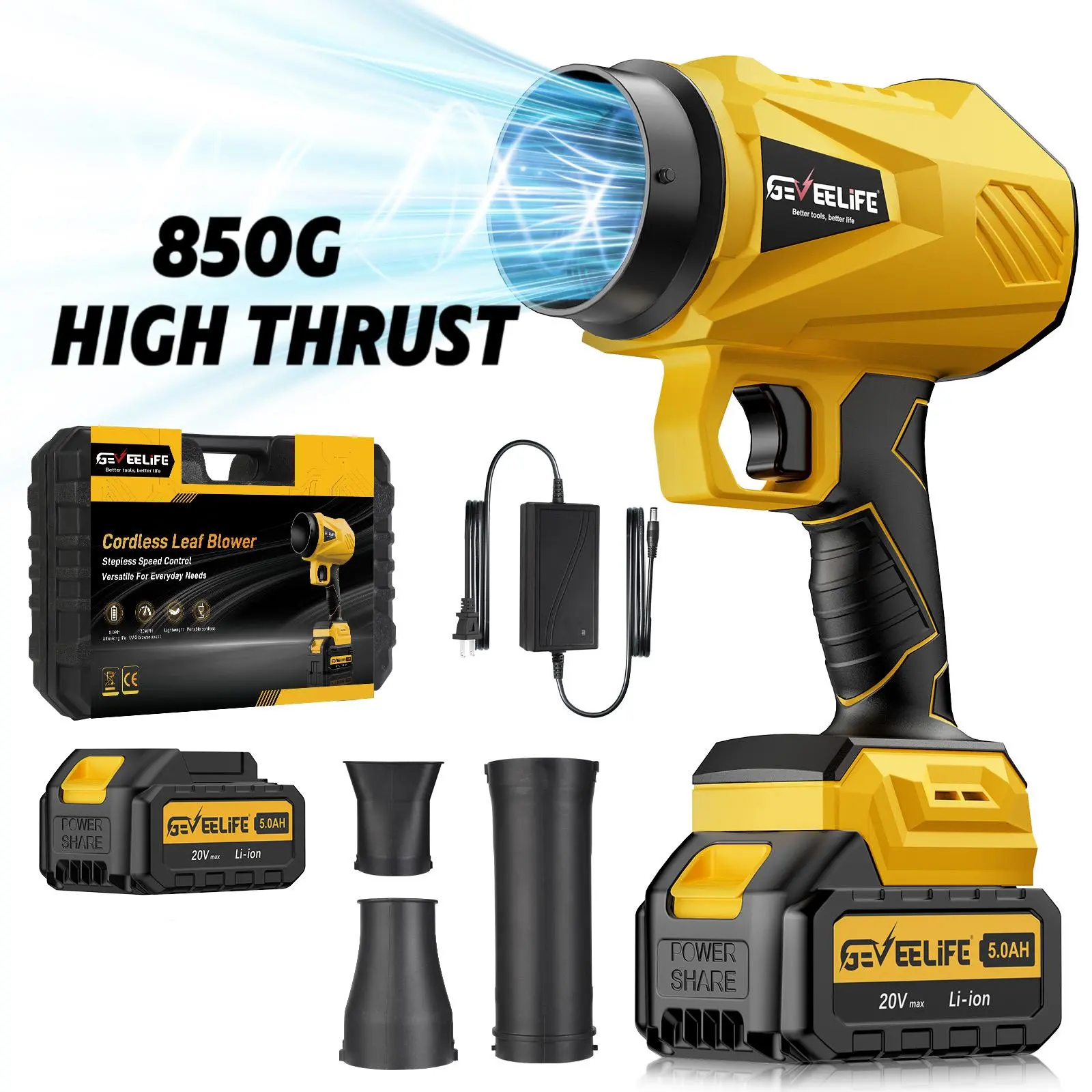 Soplador de hojas inalámbrico Turbo Jet de 200 W | 3 boquillas + 2 baterías | Potente flujo de aire para el hogar y el jardín/Regalo de Año Nuevo