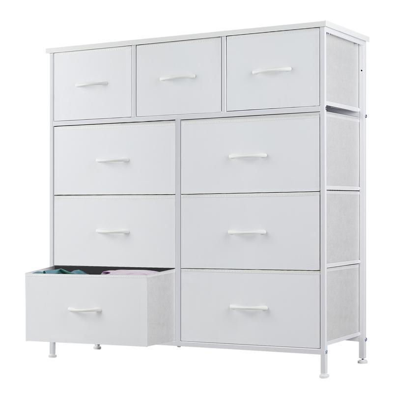 【Nuevo color】Torre de almacenamiento de tela con 9 cajones, organizador de cómoda para dormitorio, cajonera con cestas de tela, estructura de acero y superficie de madera.