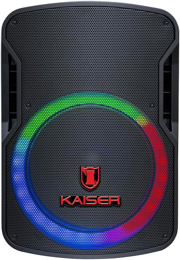 Kaiser Bafle Profesional Recargable, 15” y Potencia de 25,000 W PMPO Color Negro, Bluetooth, micrófono alámbrico y tripié metálico incluídos y Luz LED Multicolor, Tecnología KSR Link LED GEM-9515