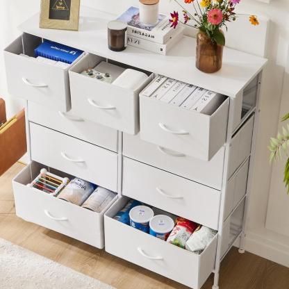 【Nuevo color】Torre de almacenamiento de tela con 9 cajones, organizador de cómoda para dormitorio, cajonera con cestas de tela, estructura de acero y superficie de madera.