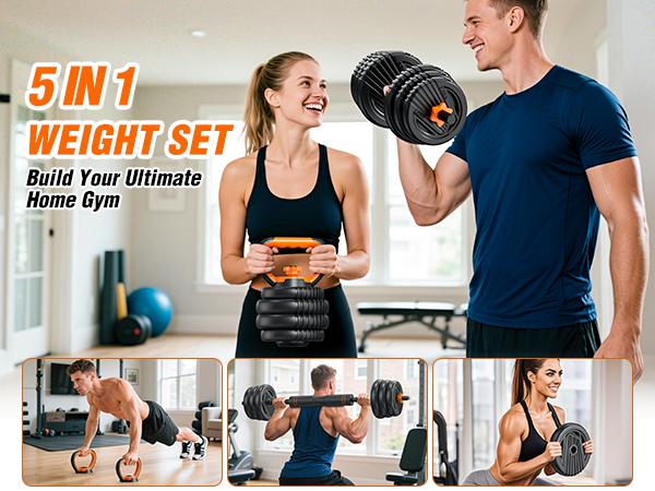 5 in 1 Adjustable Dumbbell set, 55/66/88lbs Weight Set for Home Workout,  Pesas Para Ejercicios en Casa Used as Barbell, Kettlebells, Push up Stand, Fitness Equipment for Home Gym Suitable Men/Women Mancuernas Para Ejercicios de Hombre