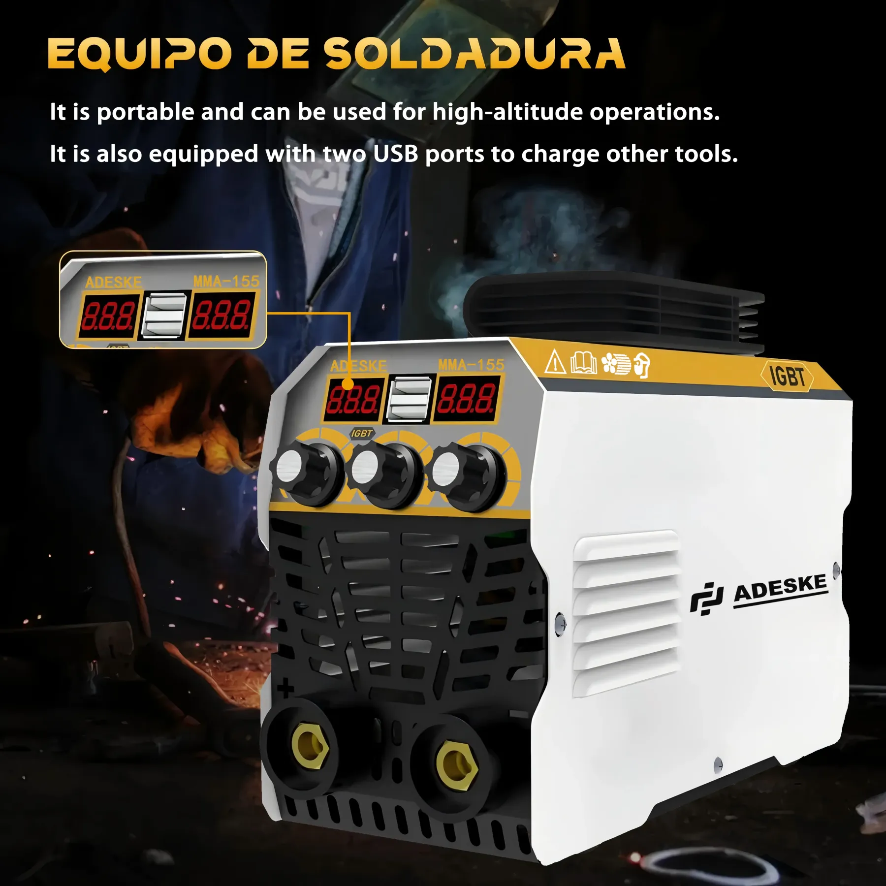 Soldadora portátil MMA-155: voltaje dual 110 V/220 V, salida de 120 A, pantalla digital, protección contra sobrecargas, kit completo de soldadura para el hogar, la reparación de automóviles y la construcción.