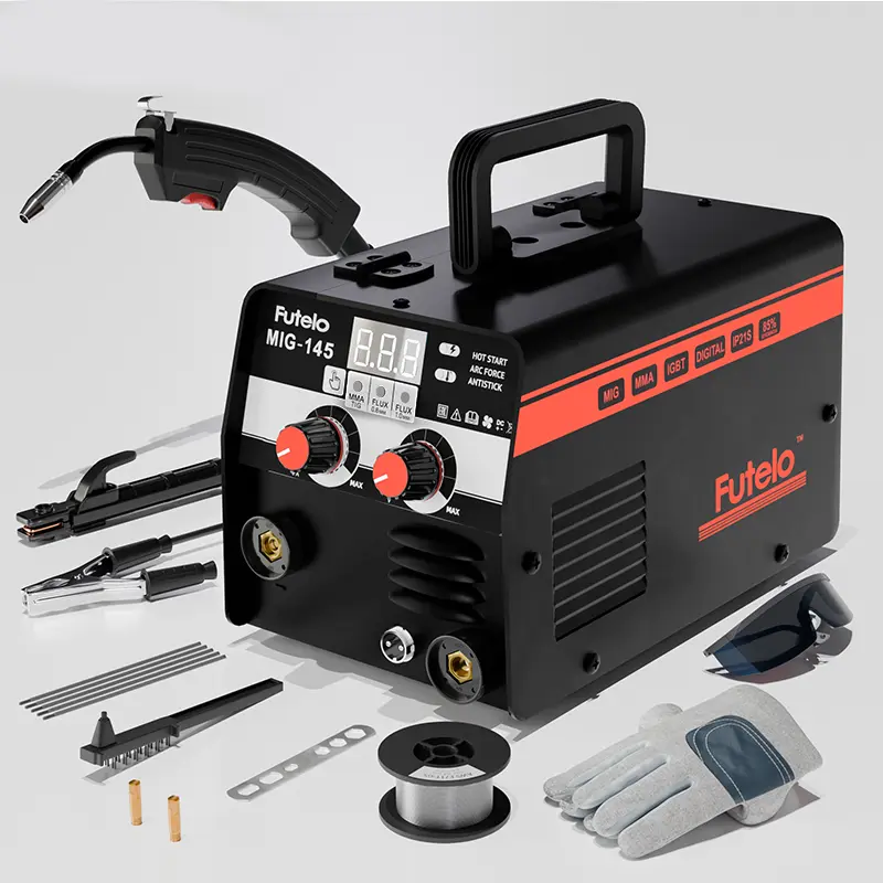 Soldadora MIG-145 de núcleo fundente, 145 A, 110 V, sin gas, MIG/Stick/Lift TIG, 3 en 1, portátil, con inversor IGBT y control sinérgico.