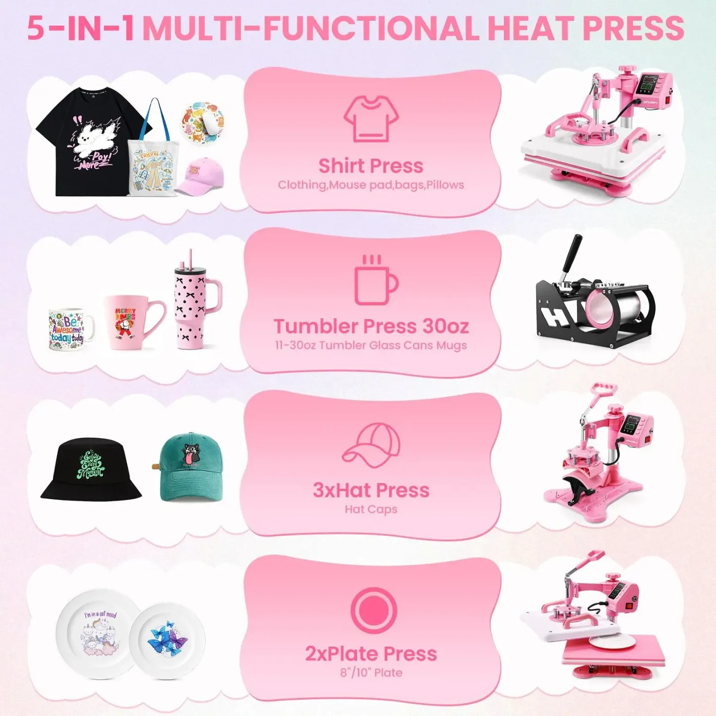 Máquina de prensado térmico rosa de 15'' x 12'' para camisetas, máquina de transferencia térmica 5 en 1, prensa de impresión térmica para sublimación combinada con giro de 360° para gorras, tazas y platos, ideal para principiantes, diseño de regalos navid