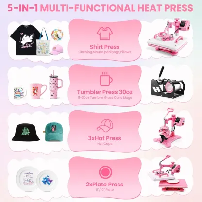 Máquina de prensado térmico rosa de 15'' x 12'' para camisetas, máquina de transferencia térmica 5 en 1, prensa de impresión térmica para sublimación combinada con giro de 360° para gorras, tazas y platos, ideal para principiantes, diseño de regalos navid