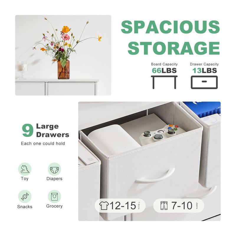 【Nuevo color】Torre de almacenamiento de tela con 9 cajones, organizador de cómoda para dormitorio, cajonera con cestas de tela, estructura de acero y superficie de madera.