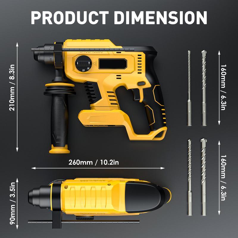 Taladro percutor inalámbrico compatible con baterías Dewalt de 20 V (batería no incluida), taladro percutor SDS-Plus sin escobillas con embrague de seguridad para hormigón/mampostería, 1500 RPM, 4 modos con empuñadura auxiliar giratoria de 360°, incluye 4