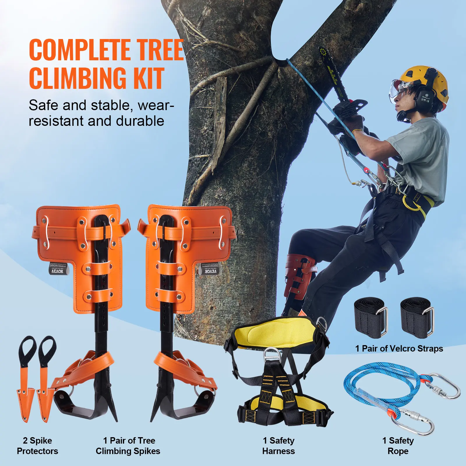 Juego de púas para trepar árboles, 1 par de espuelas de acero de aleación con cuerda y arnés de seguridad, capacidad de carga de 159 kg, equipo de arboricultura para trepar árboles, recolección de frutas, color naranja