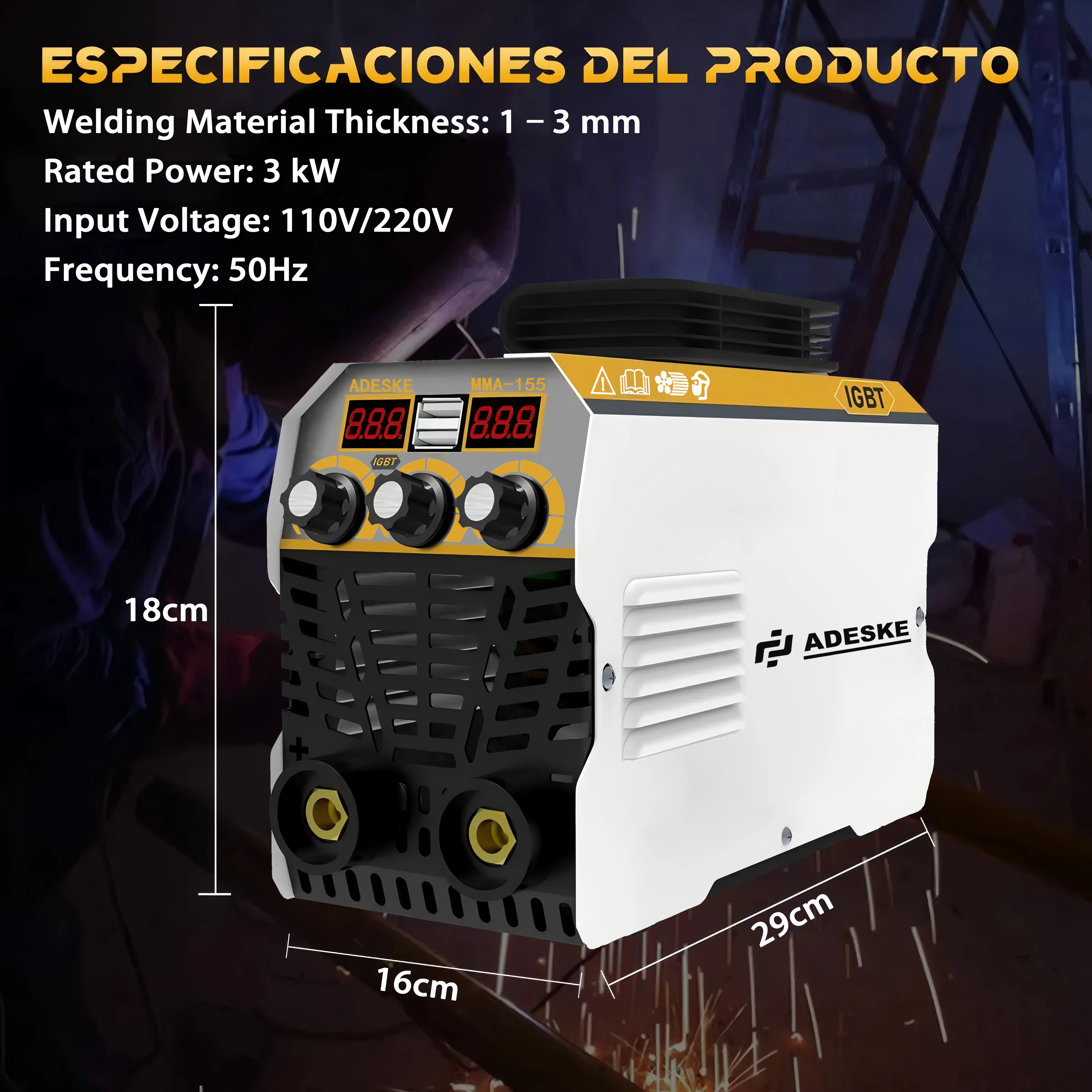 Soldadora portátil MMA-155: voltaje dual 110 V/220 V, salida de 120 A, pantalla digital, protección contra sobrecargas, kit completo de soldadura para el hogar, la reparación de automóviles y la construcción.