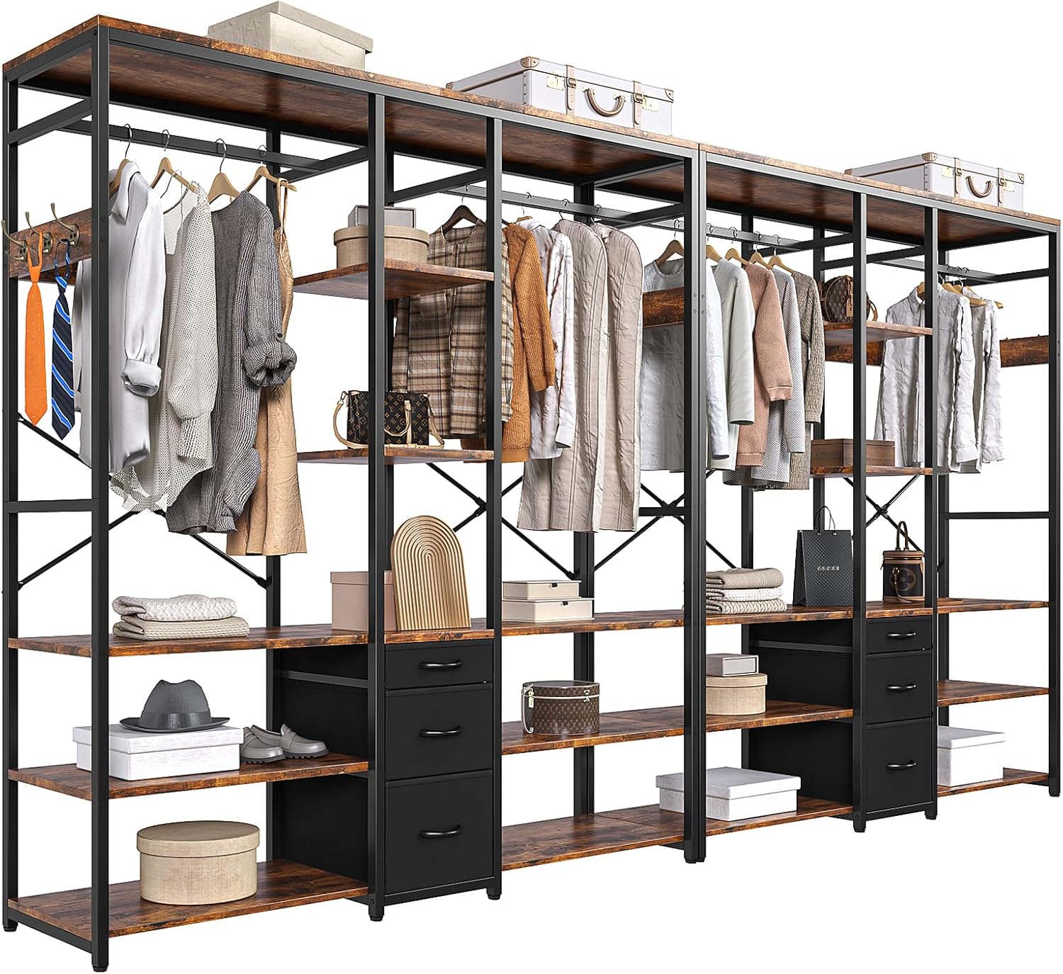 Simple Wisdom Closet Armables Para Ropa,Perchero Para Ropa Con 3 Cajones de Tela y Ganchos,Rack Para Ropa Con 8 Estantes Abiertos,Perchero Abierto Extra Grande,Closet Organizador de Ropa,183*200*40CM