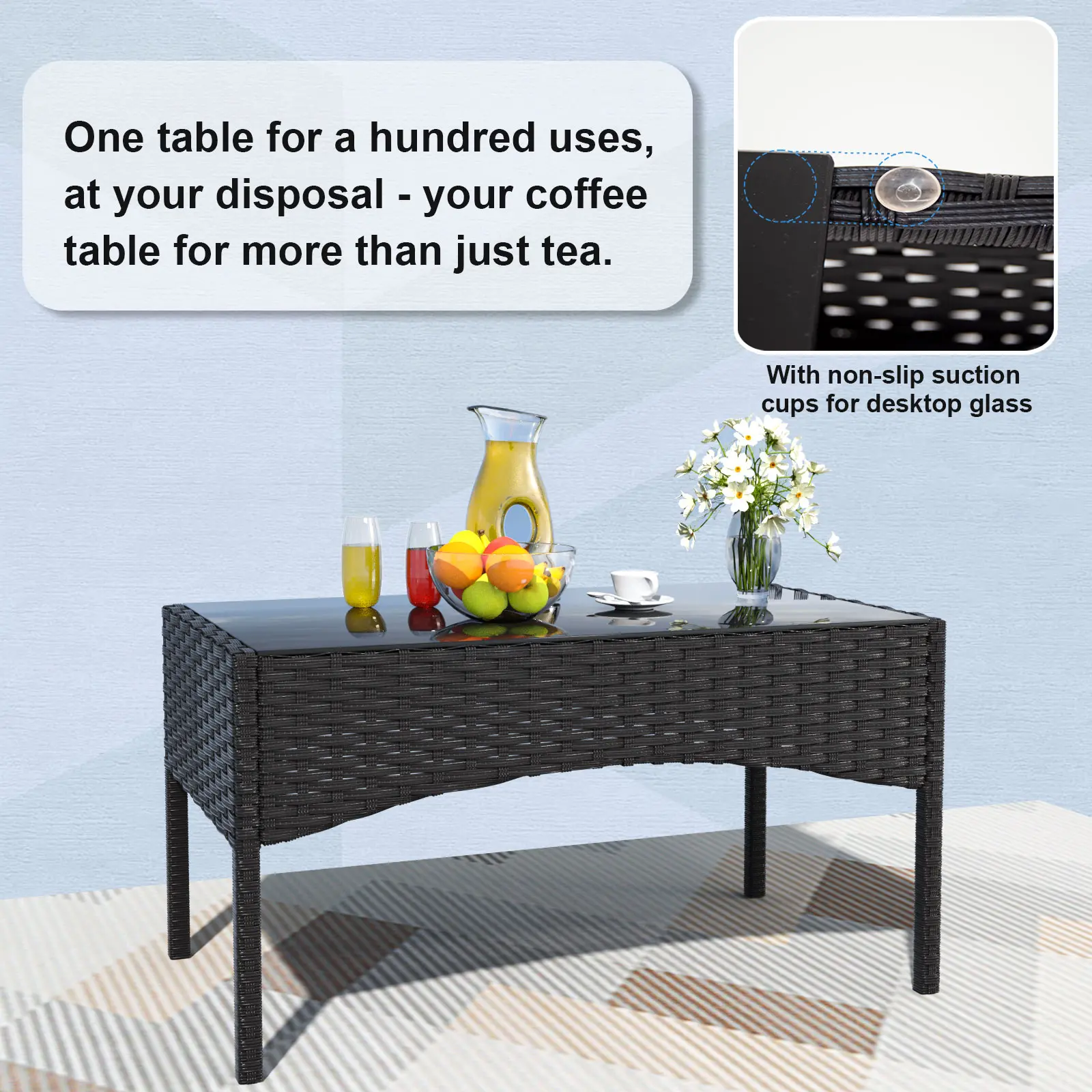 Juego de muebles de exterior para patio Kullavik — Conjunto de conversación para jardín con sillas de ratán sintético (PE), mesa de vidrio templado y cojines suaves; ideal para el césped, la piscina o el patio trasero.