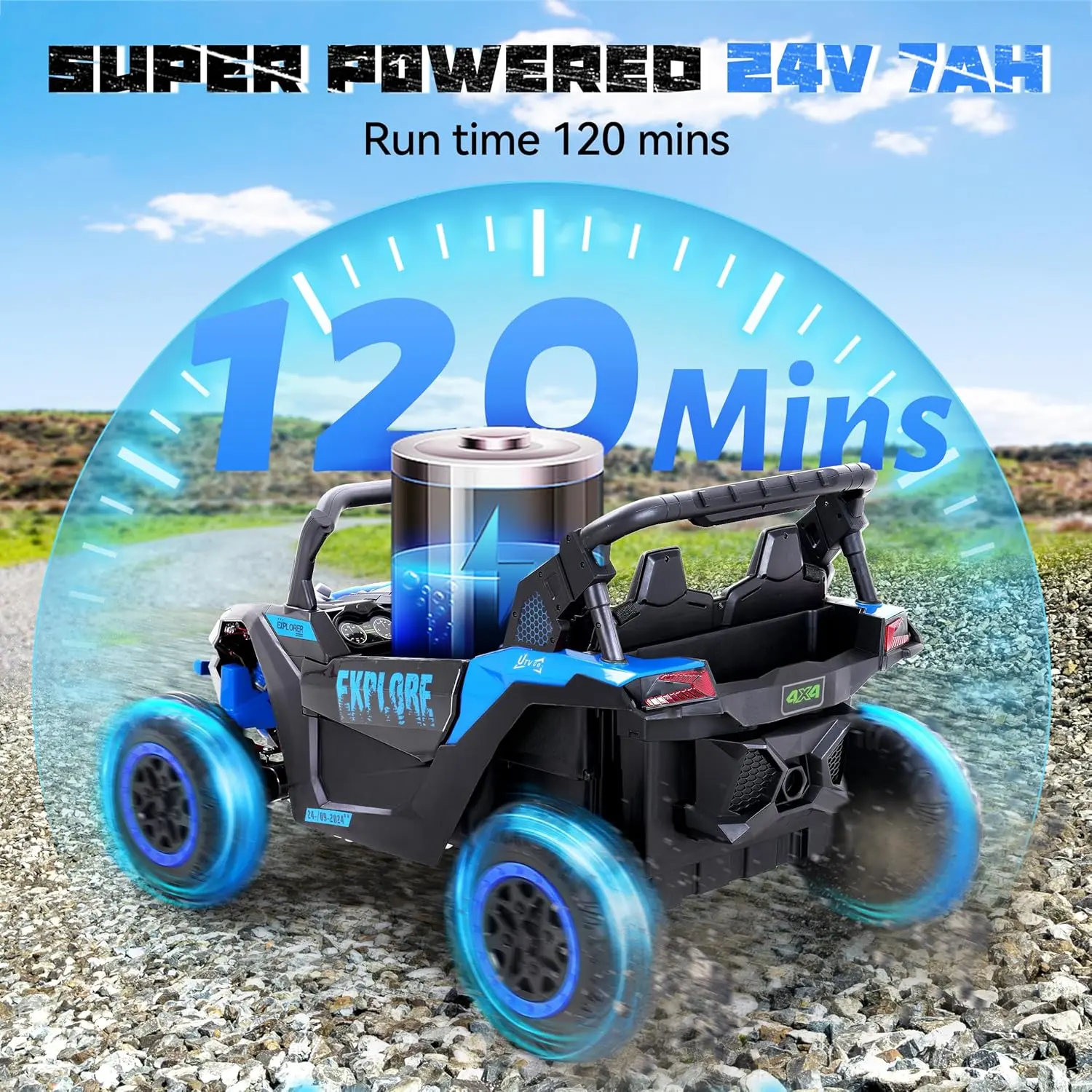 (EM-KC03) Coche eléctrico para niños de 2 plazas, UTV todoterreno 4WD, con batería de gran capacidad de 7 Ah, control remoto, cinturón de seguridad, bocina, música y luces — Para niños de 3 a 8 años (Azul)