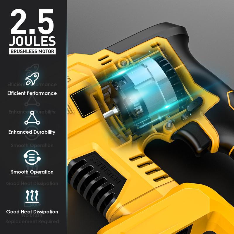 Taladro percutor inalámbrico compatible con baterías Dewalt de 20 V (batería no incluida), taladro percutor SDS-Plus sin escobillas con embrague de seguridad para hormigón/mampostería, 1500 RPM, 4 modos con empuñadura auxiliar giratoria de 360°, incluye 4