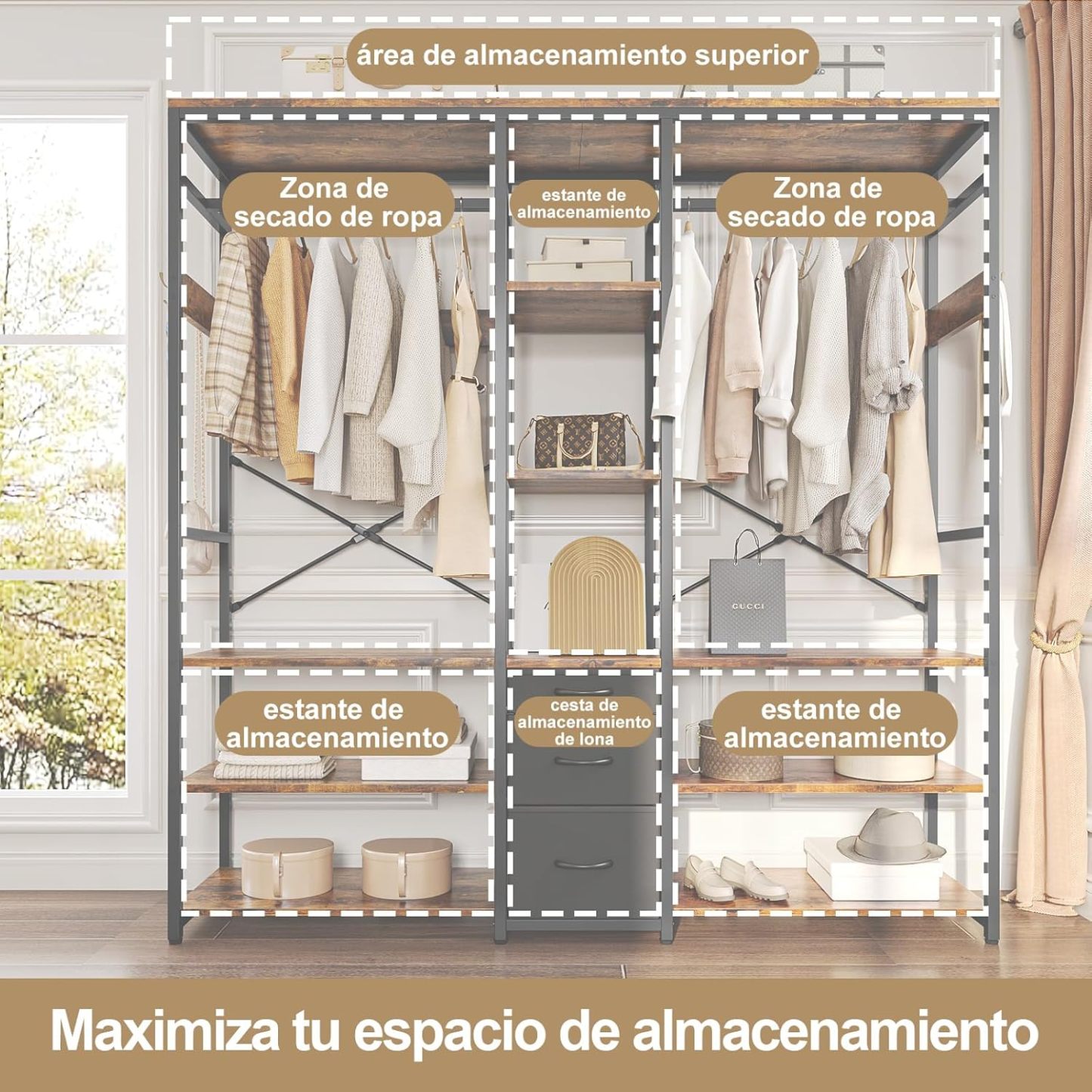 Simple Wisdom Closet Armables Para Ropa,Perchero Para Ropa Con 3 Cajones de Tela y Ganchos,Rack Para Ropa Con 8 Estantes Abiertos,Perchero Abierto Extra Grande,Closet Organizador de Ropa,183*200*40CM