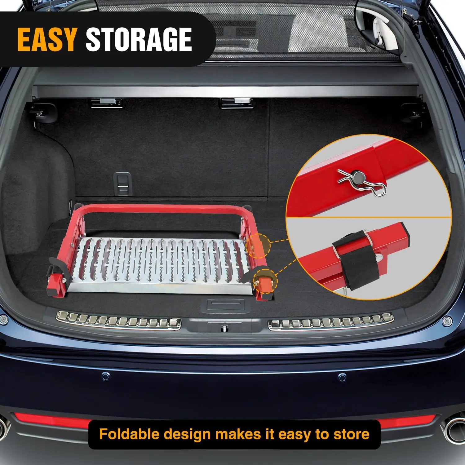 Escalón plegable resistente para neumáticos de camión, SUV y RV, superficie de acero antideslizante, ajustable para neumáticos de 10" a 15", capacidad de hasta 350 lb, fácil de instalar y ajustar, color rojo, capacidad máxima de peso, portátil.