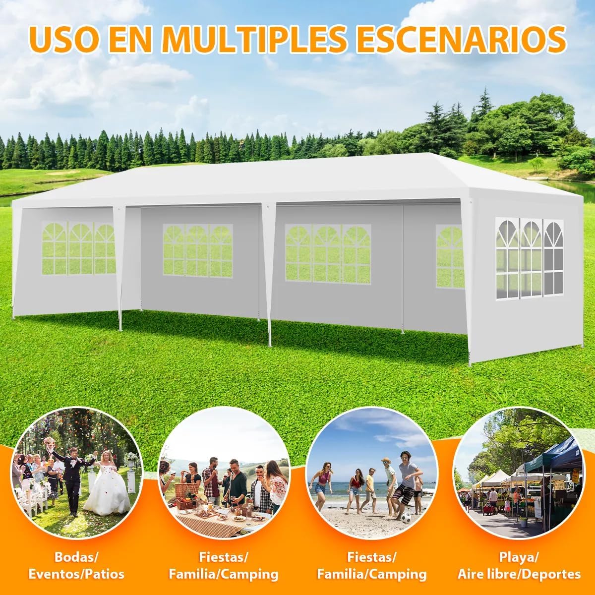 EEGVUY Carpa Toldo con Paredes Laterales Extraíbles, 3x9M Tienda de Fiesta Impermeable, con Ventanas para Eventos en el Patio y Jardín