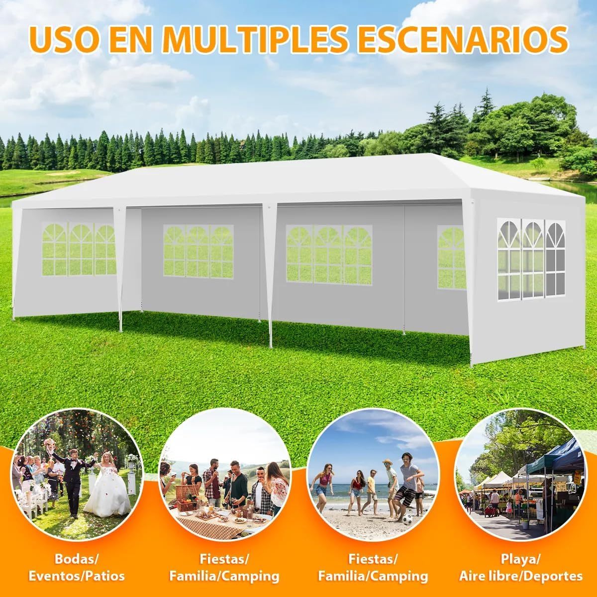 EEGVUY Carpa Toldo con Paredes Laterales Extraíbles, 3x9M Tienda de Fiesta Impermeable, con Ventanas para Eventos en el Patio y Jardín