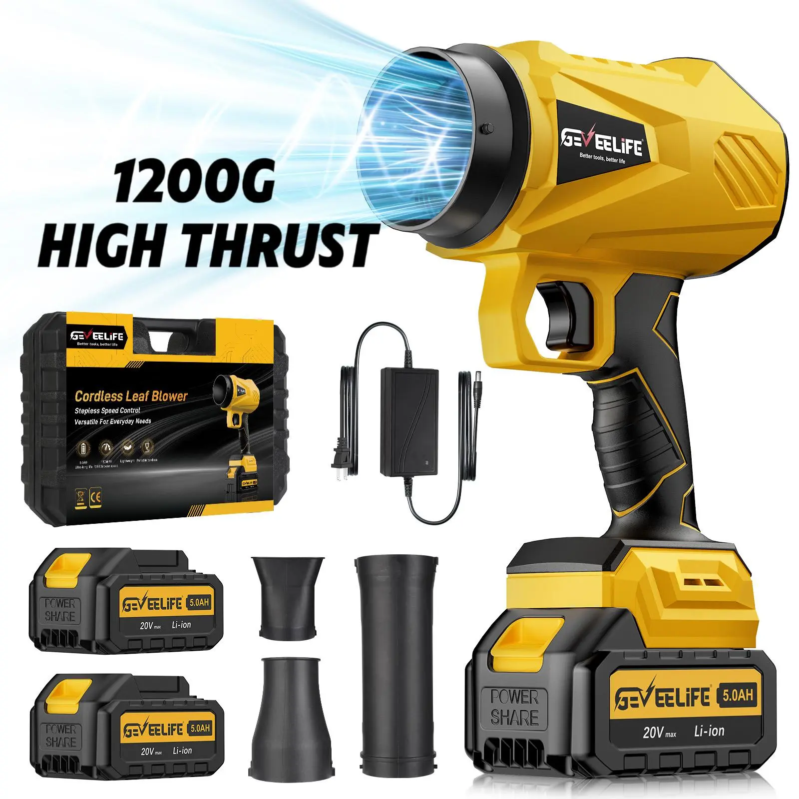 Soplador de hojas inalámbrico Turbo Jet de 200 W | 3 boquillas + 2 baterías | Potente flujo de aire para el hogar y el jardín/Regalo de Año Nuevo
