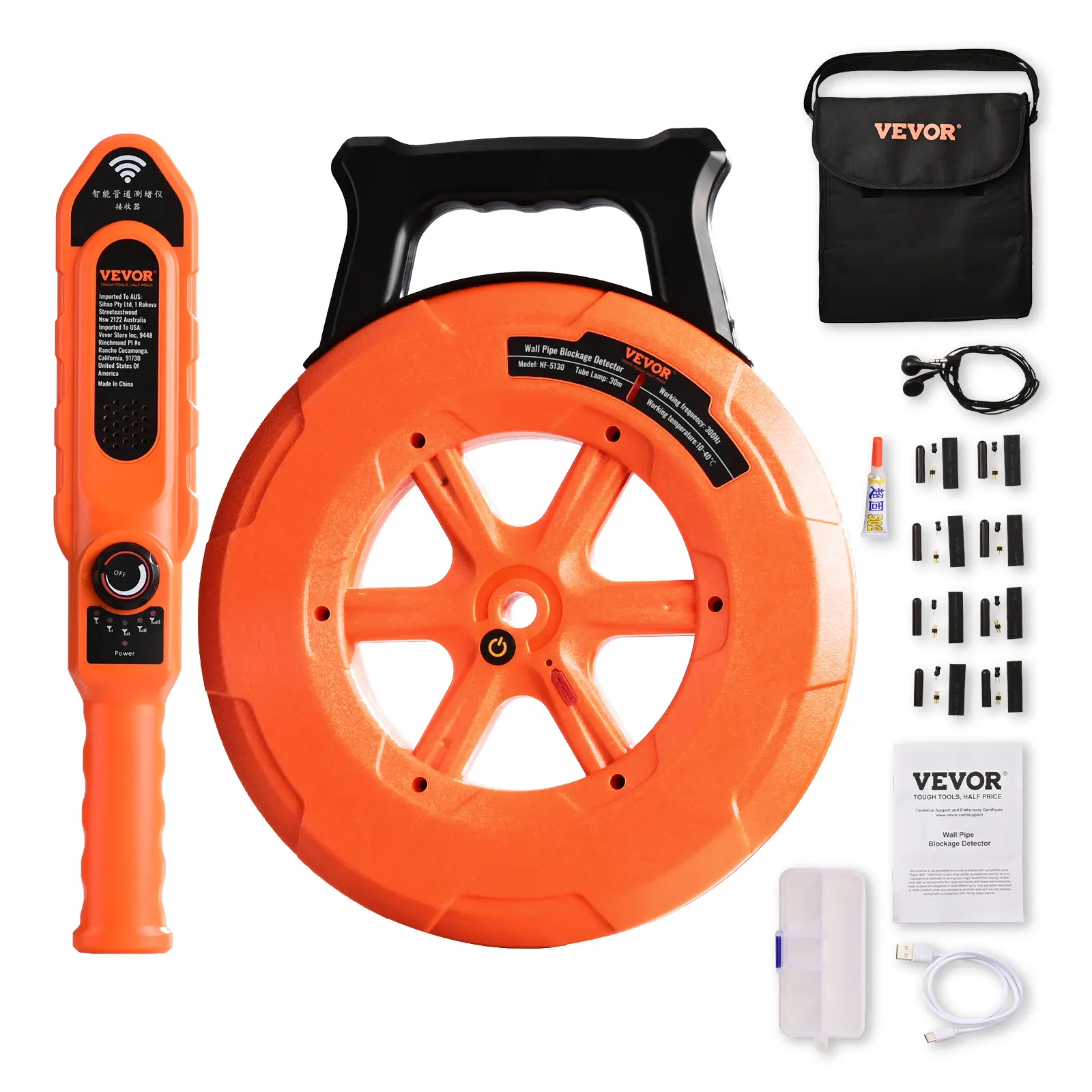Localizador de tuberías de PVC de 30 m (100 pies) para tuberías subterráneas, detector de bloqueos de tuberías IP67 a prueba de agua con sensibilidad ajustable, escáner de pared de alcantarillado, herramienta de plomería para tuberías de agua de PVC, plás