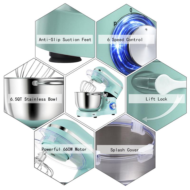 Batidora de pie Aucma de 6,5 litros con motor mejorado | Batidora eléctrica de 6 velocidades con cabezal inclinable, tazón de acero inoxidable, gancho para masa, varillas y batidor para repostería y mezclas. Electrodomésticos de cocina.
