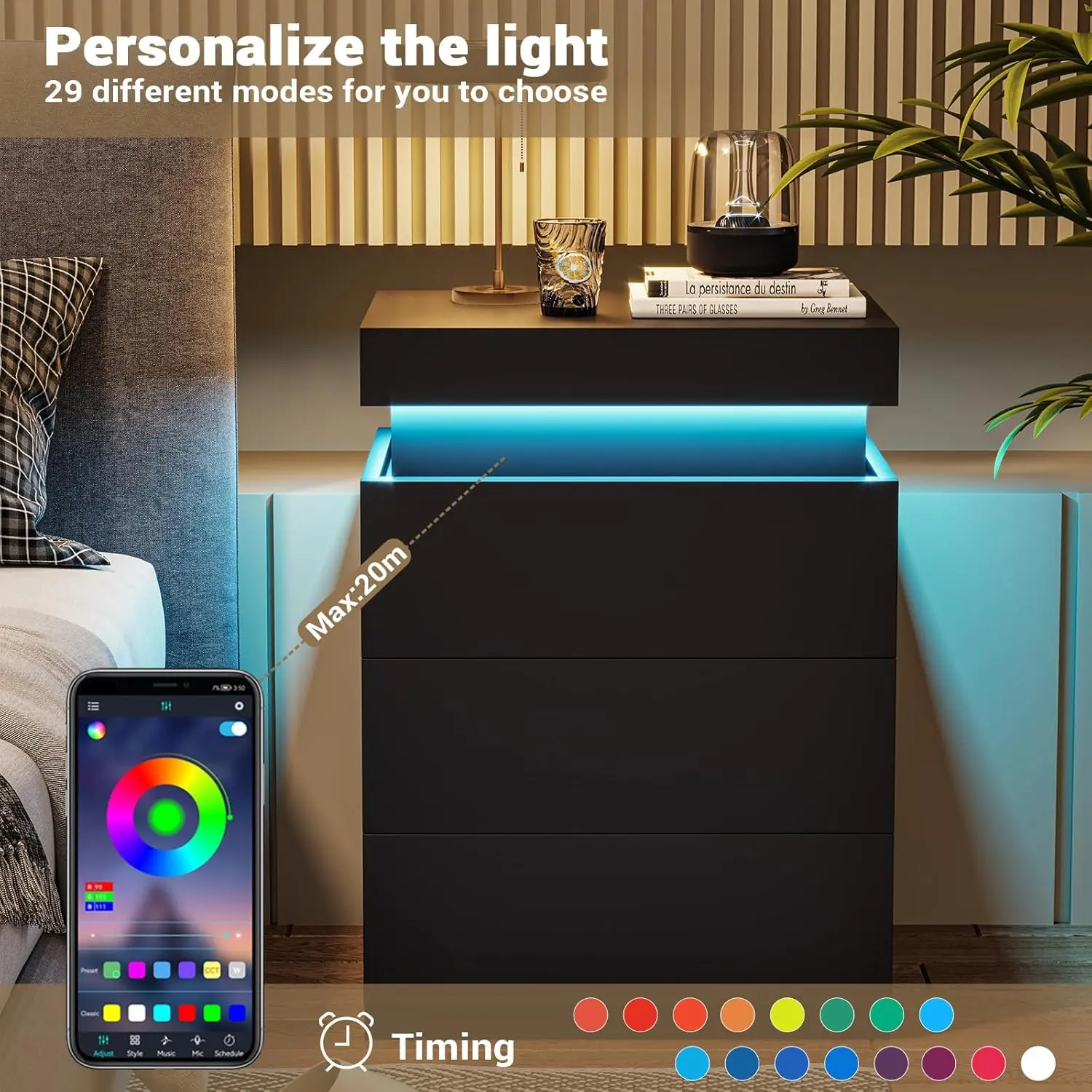 Mesita de noche Sikaic con superficie deslizante, estación de carga y luces LED — Mueble de dormitorio de diseño moderno con cajón