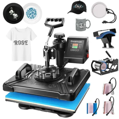 Máquina de prensado térmico rosa de 15'' x 12'' para camisetas, máquina de transferencia térmica 5 en 1, prensa de impresión térmica para sublimación combinada con giro de 360° para gorras, tazas y platos, ideal para principiantes, diseño de regalos navid