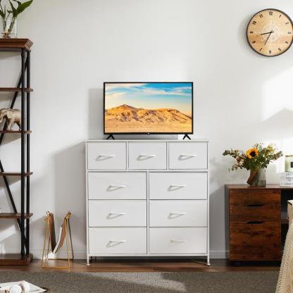 【Nuevo color】Torre de almacenamiento de tela con 9 cajones, organizador de cómoda para dormitorio, cajonera con cestas de tela, estructura de acero y superficie de madera.