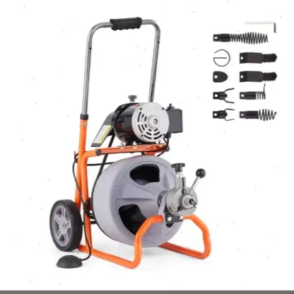 Desatascador de desagües de 22,8 m x 0,95 cm, con barrena de alimentación automática y ruedas, portátil, con 8 cortadores e interruptor de pedal neumático para tuberías de 5 a 10 cm.