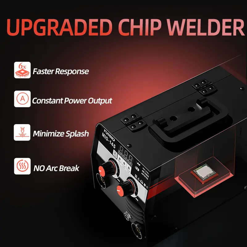 Soldadora MIG-145 de núcleo fundente, 145 A, 110 V, sin gas, MIG/Stick/Lift TIG, 3 en 1, portátil, con inversor IGBT y control sinérgico.