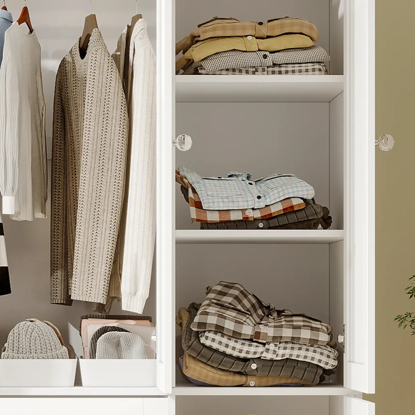 VOWNER — Armario de madera de 3 puertas con barra para colgar ropa — Mueble organizador alto e independiente de gran capacidad para dormitorio, con estantes