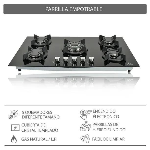 Combo parrilla empotrable y Campana SUPRA BELLAGIO de cristal templado color negro gas LP y gas natural 5 quemadores