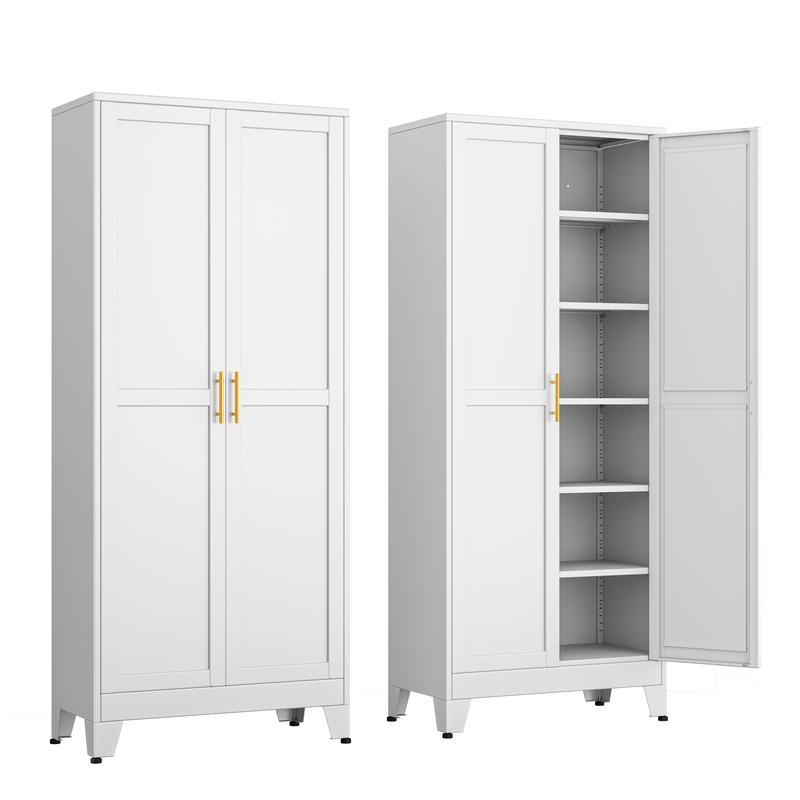 Alacena de 190 cm de alto, armario de cocina con 2 puertas y 5 estantes ajustables, de metal blanco, ideal para cocina, comedor, sala y baño.