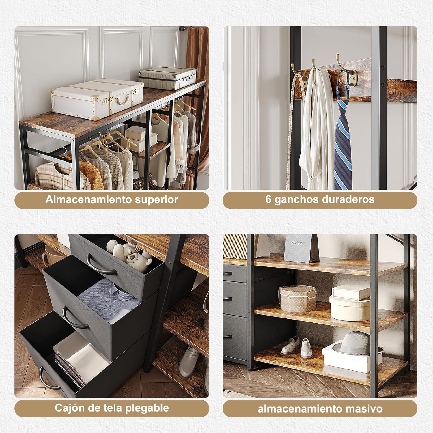 Simple Wisdom Closet Armables Para Ropa,Perchero Para Ropa Con 3 Cajones de Tela y Ganchos,Rack Para Ropa Con 8 Estantes Abiertos,Perchero Abierto Extra Grande,Closet Organizador de Ropa,183*200*40CM