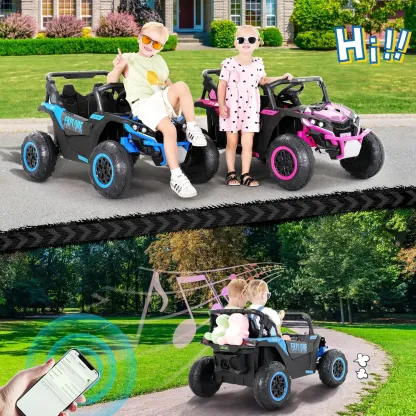(EM-KC03) Coche eléctrico para niños de 2 plazas, UTV todoterreno 4WD, con batería de gran capacidad de 7 Ah, control remoto, cinturón de seguridad, bocina, música y luces — Para niños de 3 a 8 años (Azul)