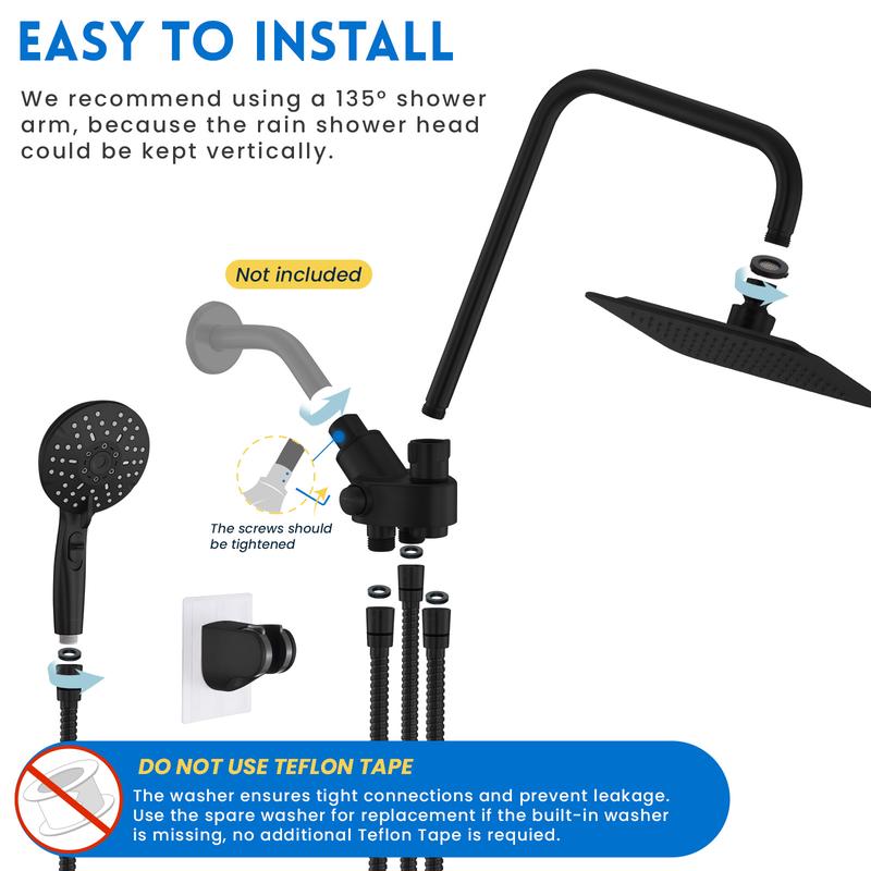 Cabezal de ducha doble combinado, cabezal de ducha de alta presión tipo lluvia de 8", duchas de mano ajustables con 5 configuraciones, barra deslizante de altura ajustable de 15", soporte/manguera, ángulo ajustable, cabezal de ducha de alta presión.