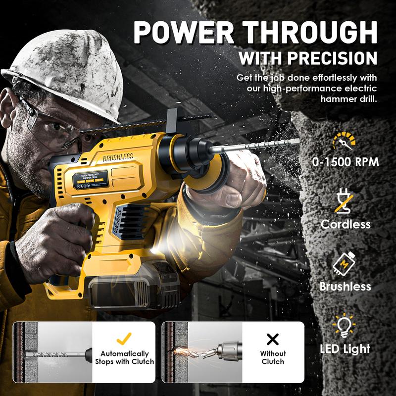 Taladro percutor inalámbrico compatible con baterías Dewalt de 20 V (batería no incluida), taladro percutor SDS-Plus sin escobillas con embrague de seguridad para hormigón/mampostería, 1500 RPM, 4 modos con empuñadura auxiliar giratoria de 360°, incluye 4
