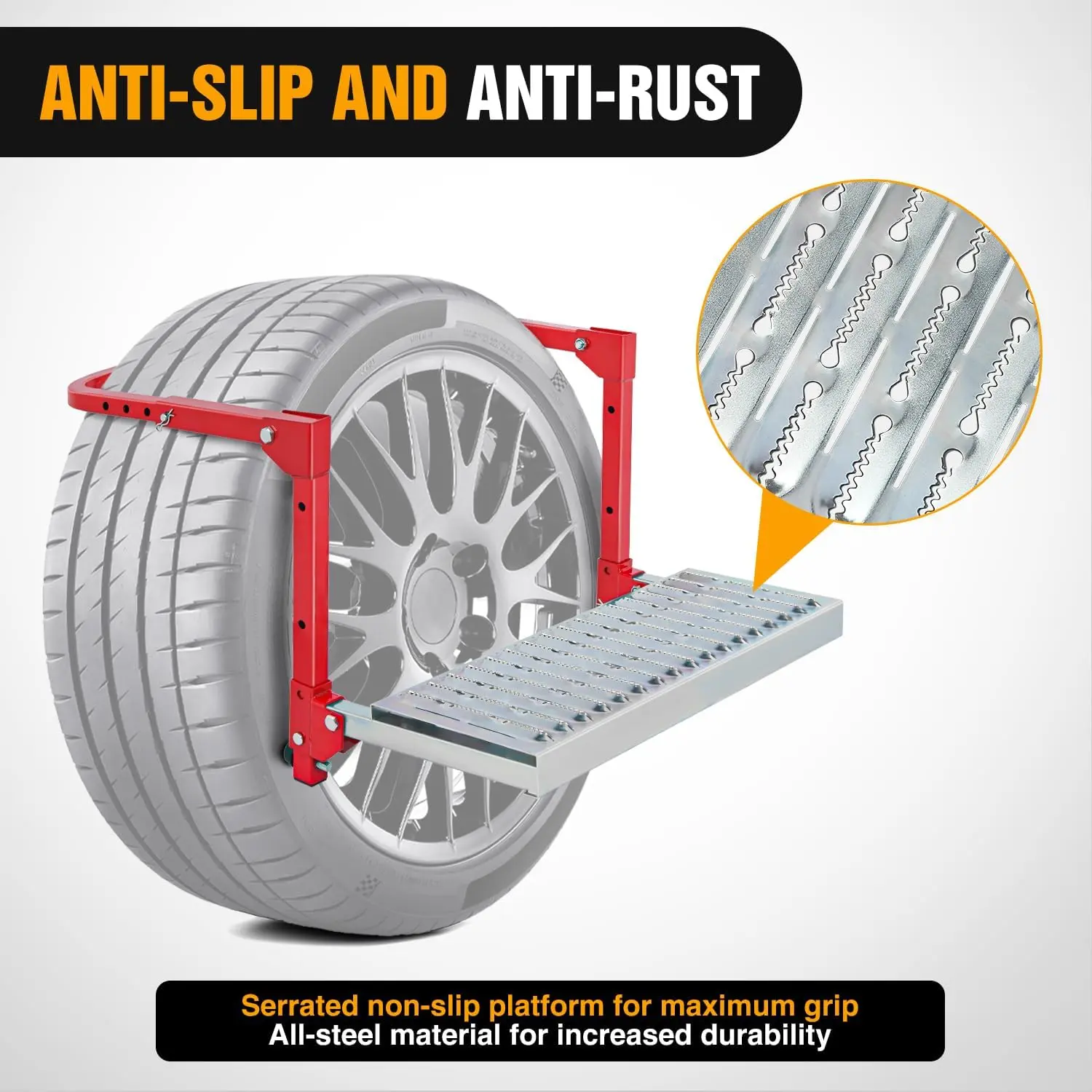 Escalón plegable resistente para neumáticos de camión, SUV y RV, superficie de acero antideslizante, ajustable para neumáticos de 10" a 15", capacidad de hasta 350 lb, fácil de instalar y ajustar, color rojo, capacidad máxima de peso, portátil.