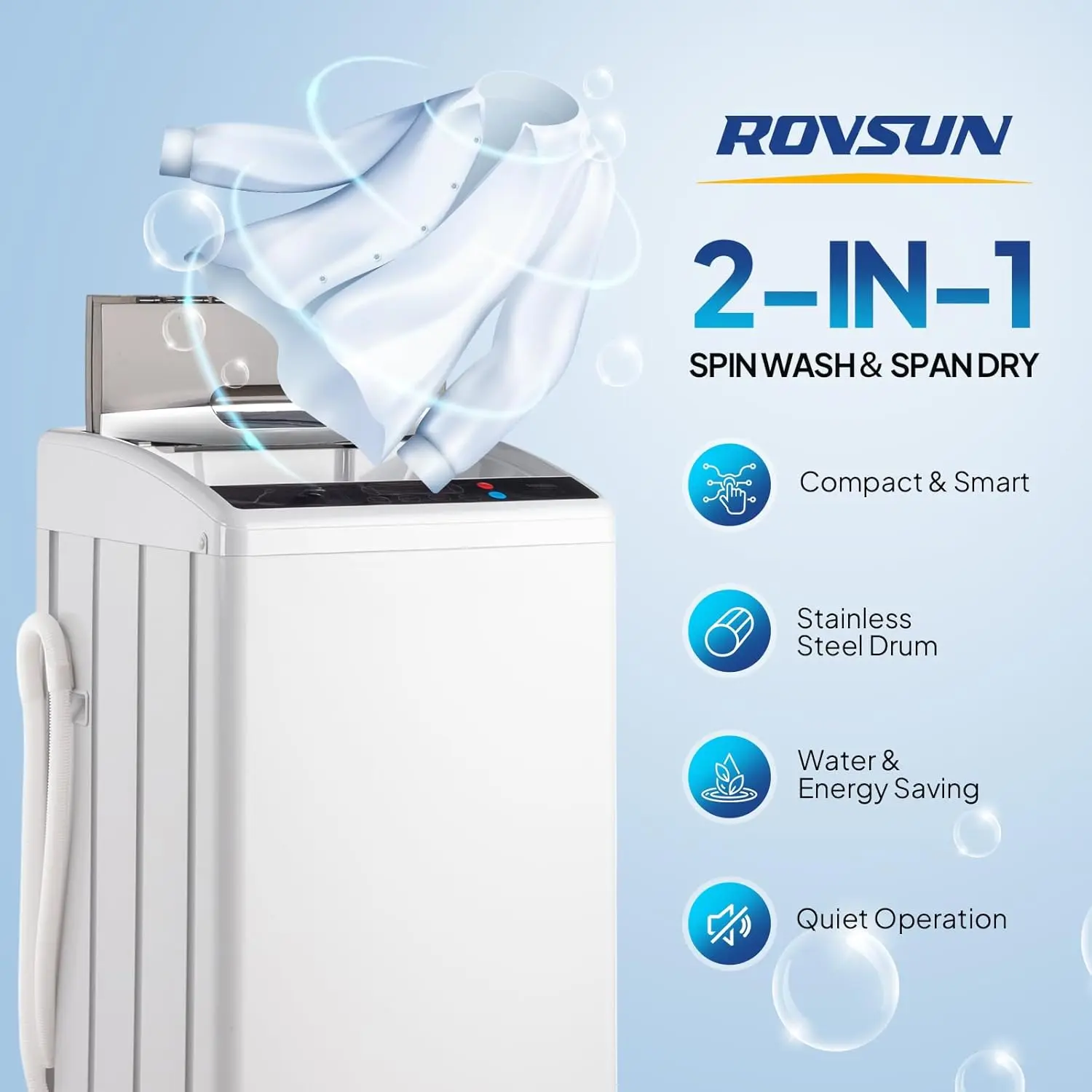 ROVSUN Lavadora portátil de 17.8/25/30 libras, lavadora eléctrica totalmente automática con tambor de acero inoxidable, lavadora compacta de 110 V, combo de lavadora y secadora con bomba de drenaje para apartamentos, dormitorios y vehículos recreativos (R