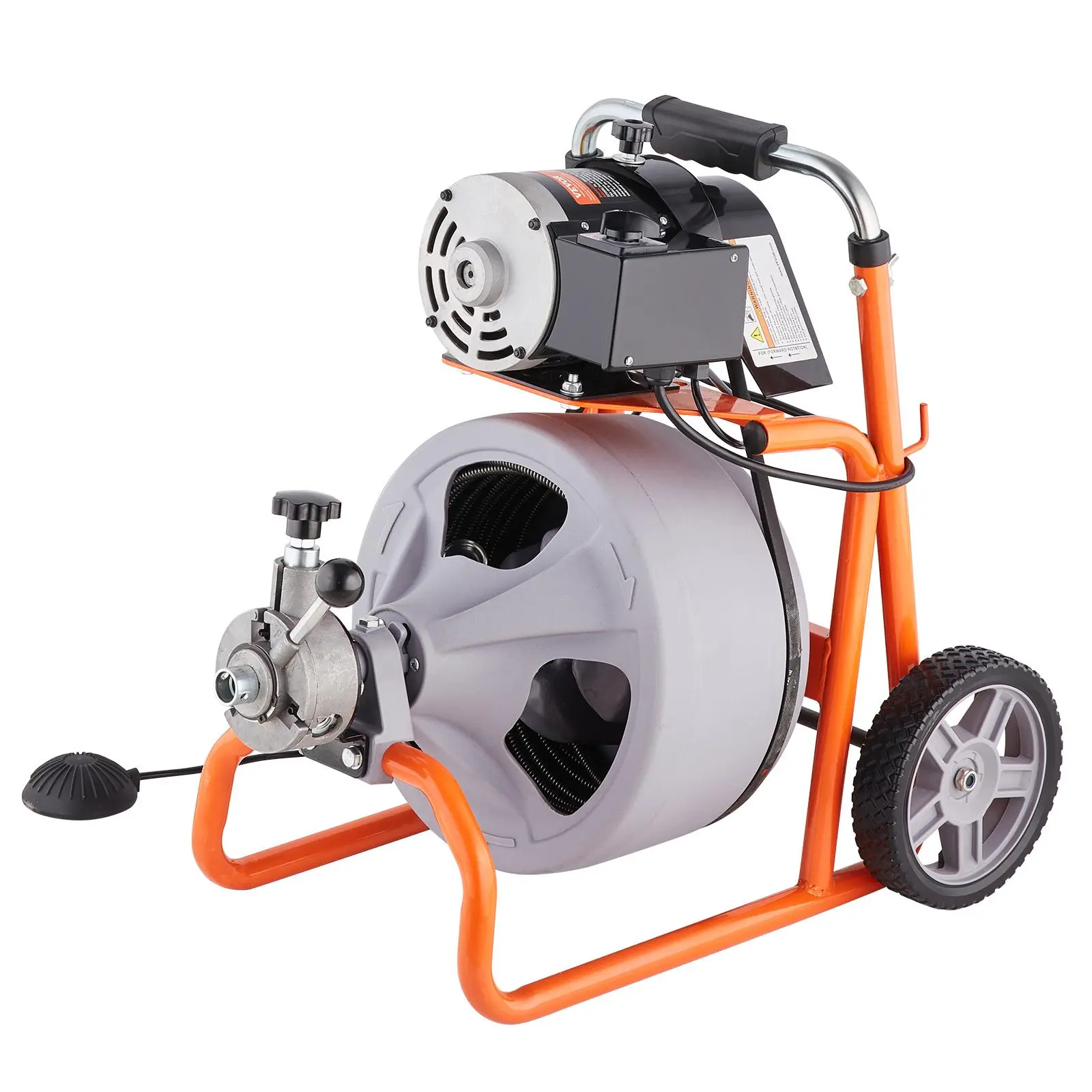 Desatascador de desagües de 22,8 m x 0,95 cm, con barrena de alimentación automática y ruedas, portátil, con 8 cortadores e interruptor de pedal neumático para tuberías de 5 a 10 cm.